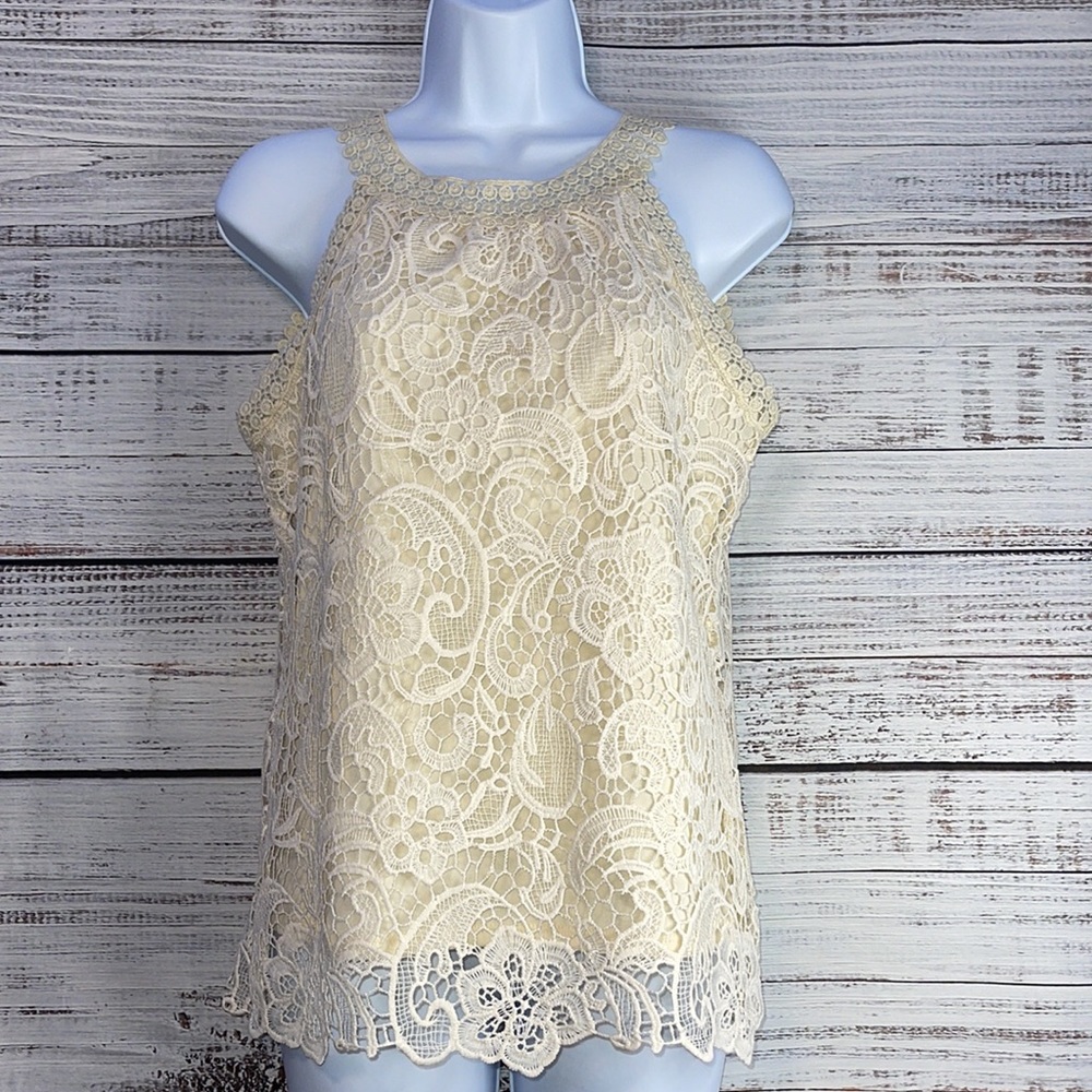 ADIVA Lace Tank Top Beige Halter Tank Top | Size XS